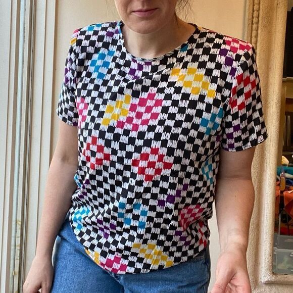 Bobbie Brooks Checkered Rainbow Funky Retro 80s Statement Top Blouse - Picture 1 of 6